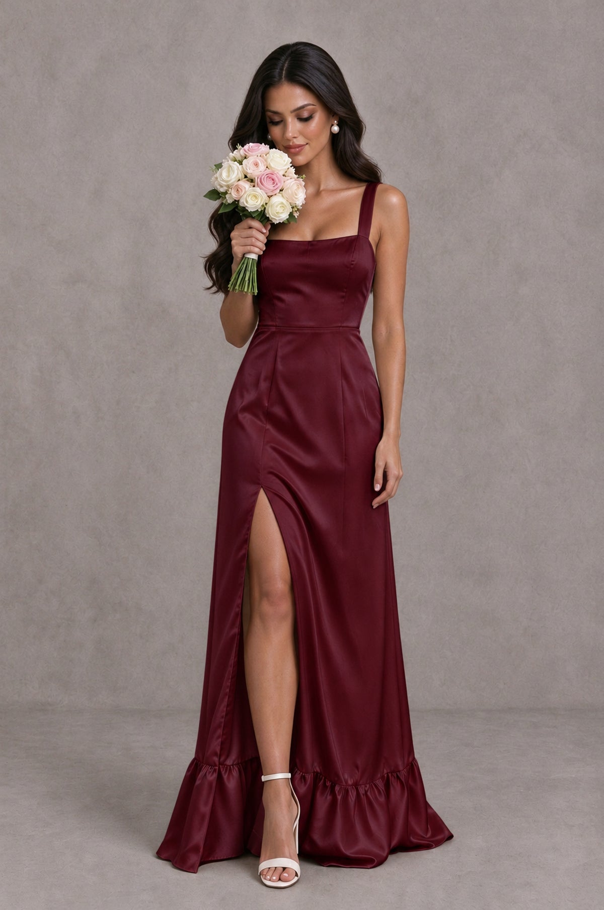 BOLODOO Maroon Square Neck Satin Evening Dress with Lace-Up Back and High Slit - Maroon - Maroon_3