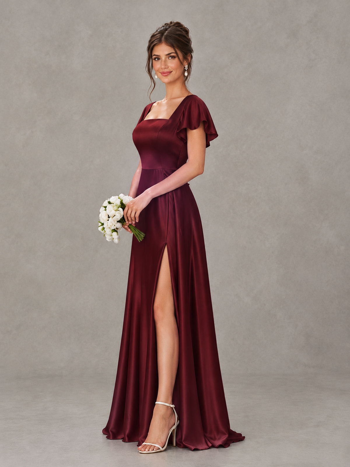 BOLODOO Maroon Satin Square Neck Flutter Sleeve A-Line Bridesmaid Dress with Slit - Maroon - Maroon_3