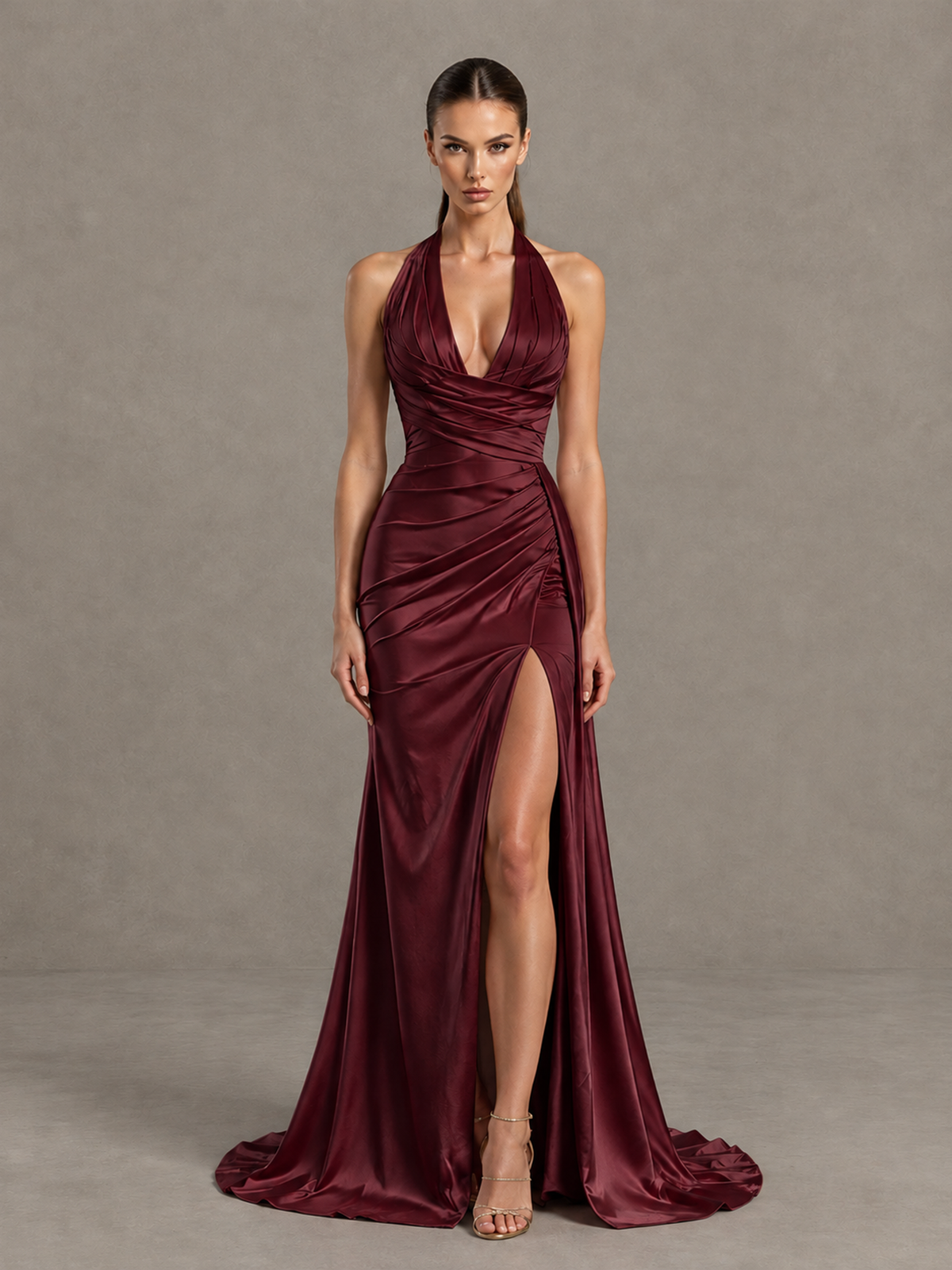 BOLODOO Maroon Halter Satin Evening & Prom Dress with High Slit - Maroon - Maroon_3