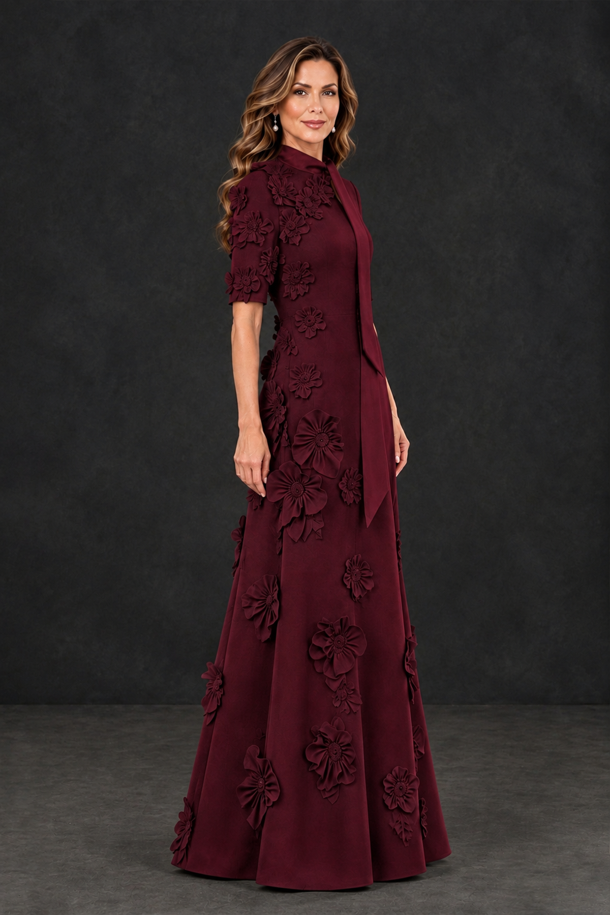 BOLODOO Maroon Floral Applique High-Neck Half-Sleeve Gown - Maroon - Maroon_3