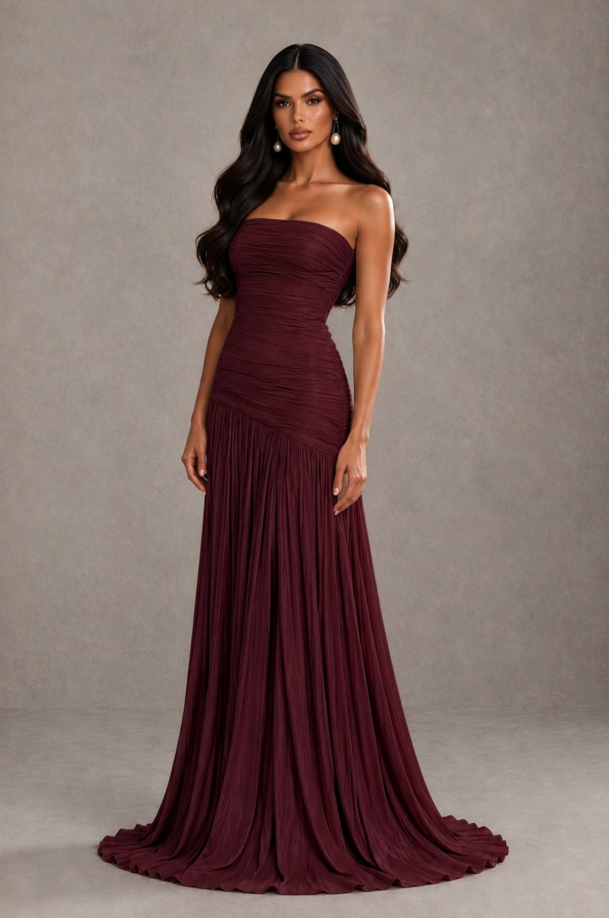 BOLODOO Maroon Metallic Ruched Strapless Pleated A-Line Backless Maxi Dress with Train - Maroon - Maroon_3