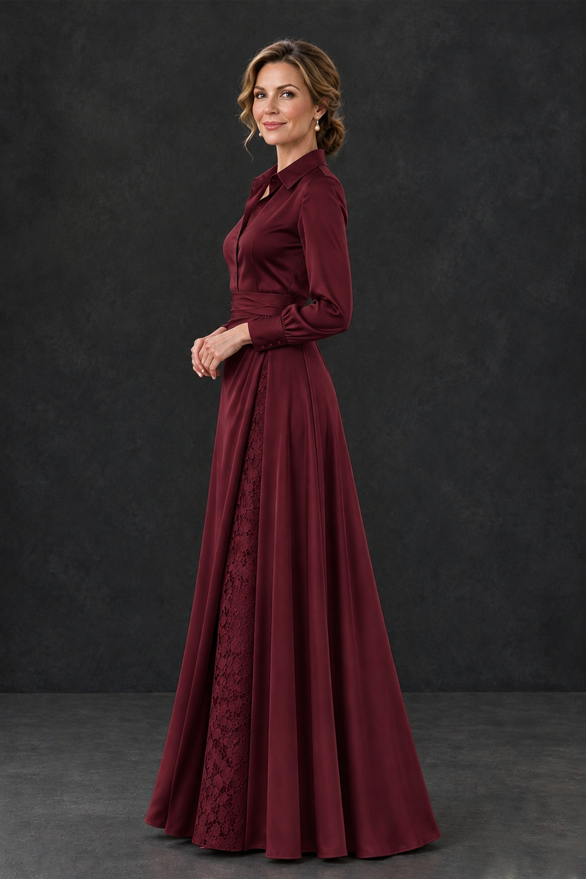 BOLODOO Maroon Long Sleeve Satin-Look Lace Panel Gown - Maroon - Maroon_3