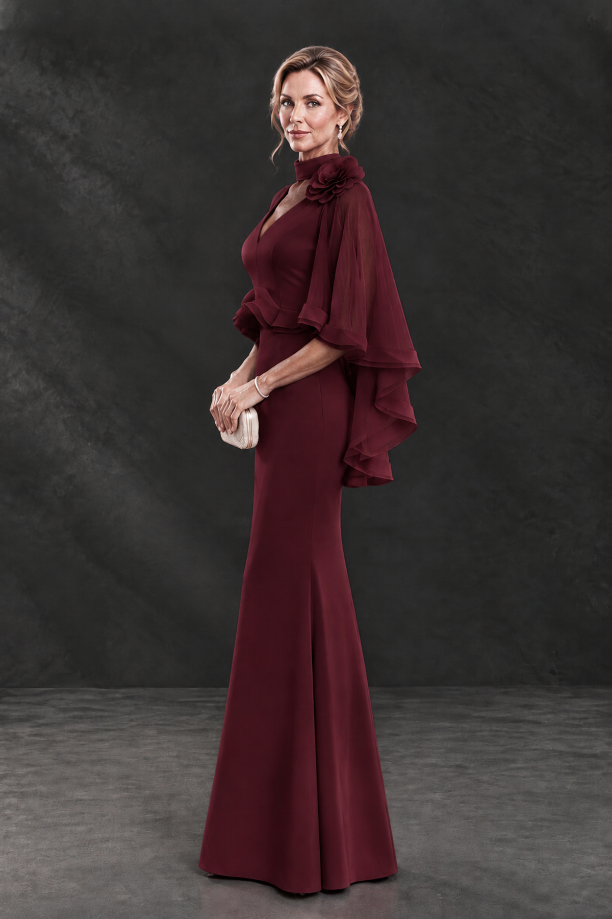 BOLODOO Maroon Floral Cape Sleeve Mother of the Bride Dress - Maroon - Maroon_3