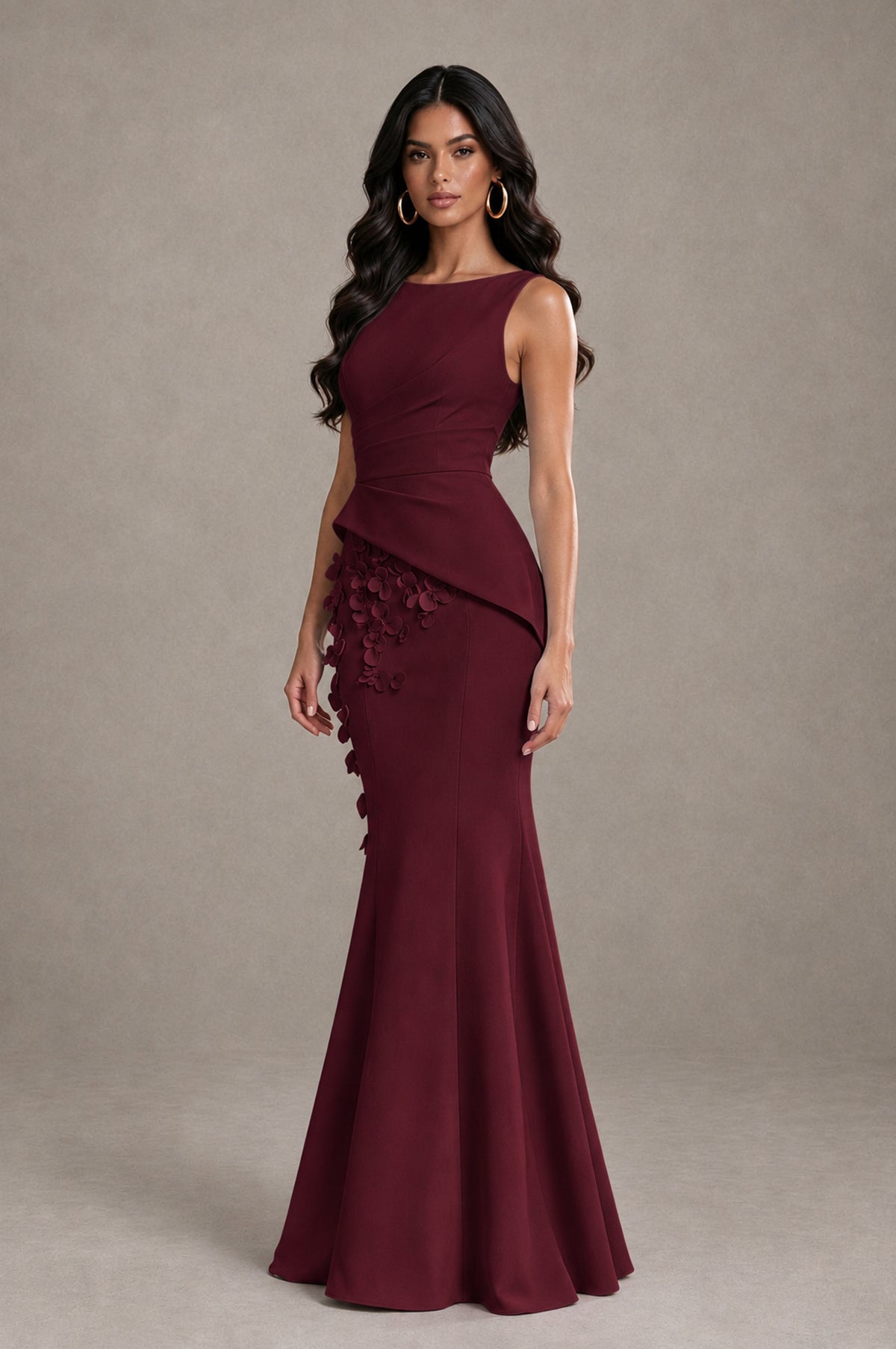 BOLODOO Maroon Bateau Neck Sleeveless Asymmetric Peplum 3D Petal Appliqué Mermaid Gown BD0421 - Maroon - Maroon_3