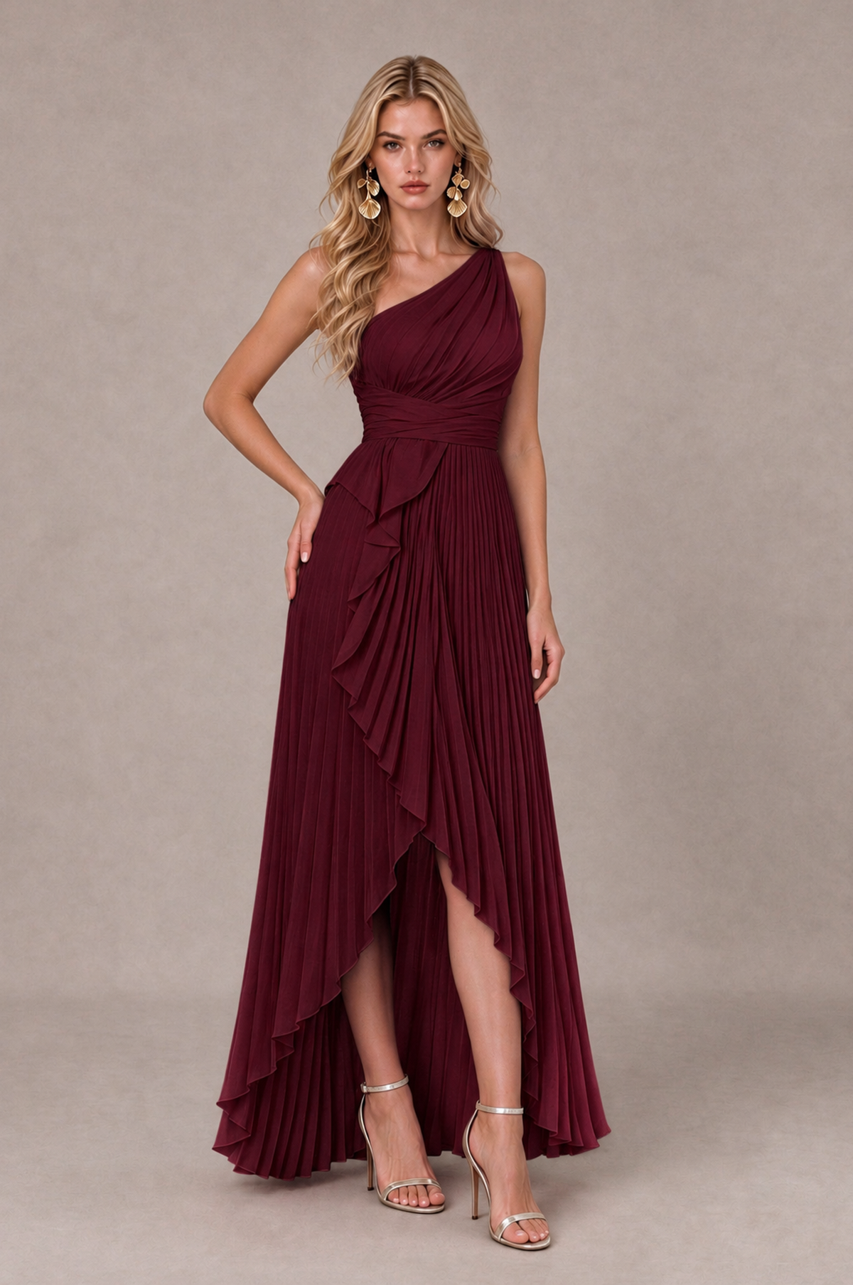 BOLODOO Maroon One-Shoulder High-Low Ruffle Maxi Dress - Maroon - Maroon_3