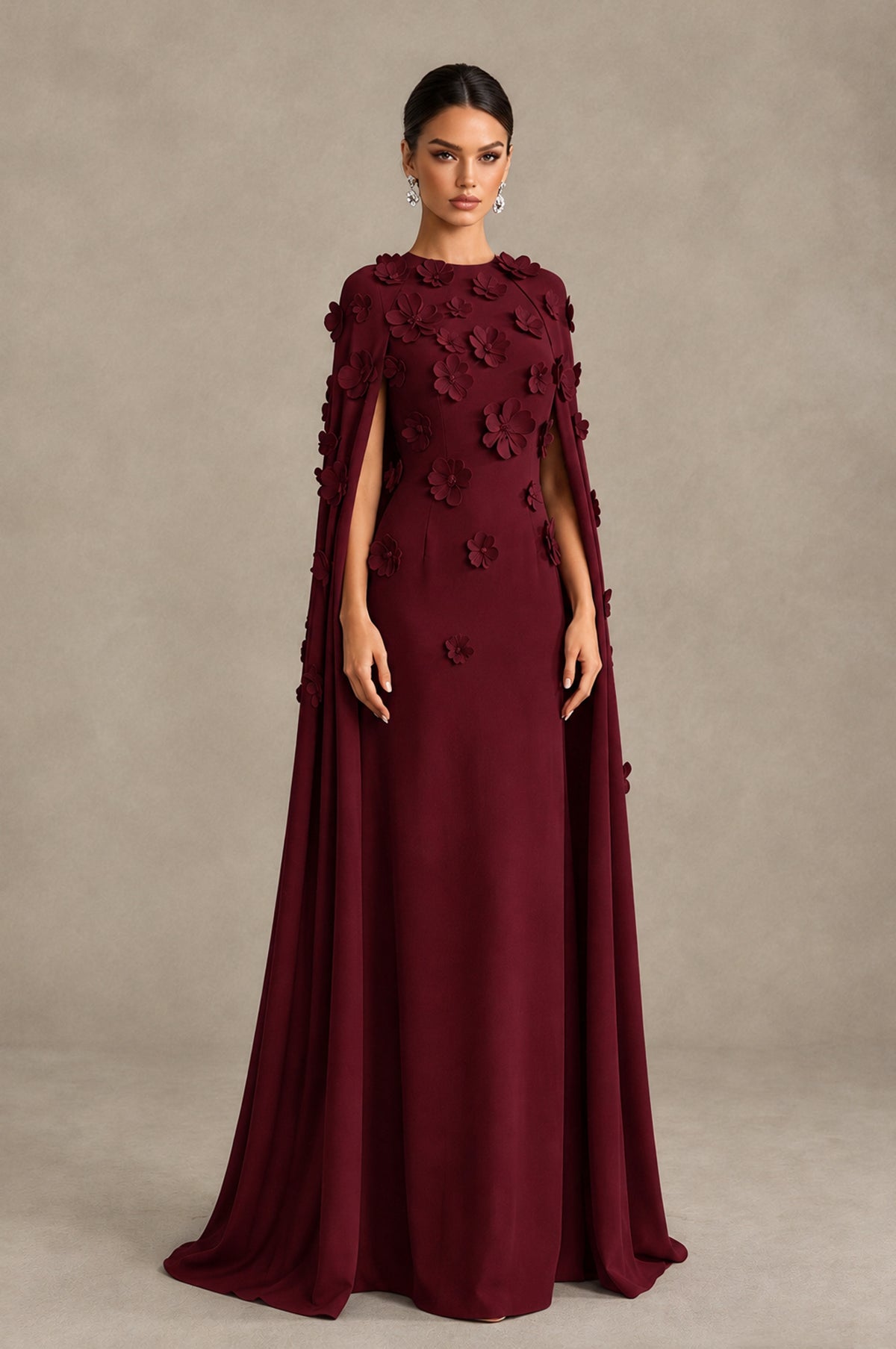 BOLODOO Maroon 3D Floral Applique Cape Formal Dress - Maroon - Maroon_3