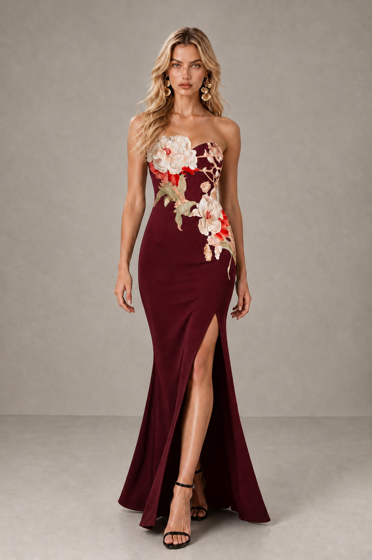BOLODOO Maroon Strapless Floral Mermaid Evening Dress with Slit - Maroon - Maroon_3