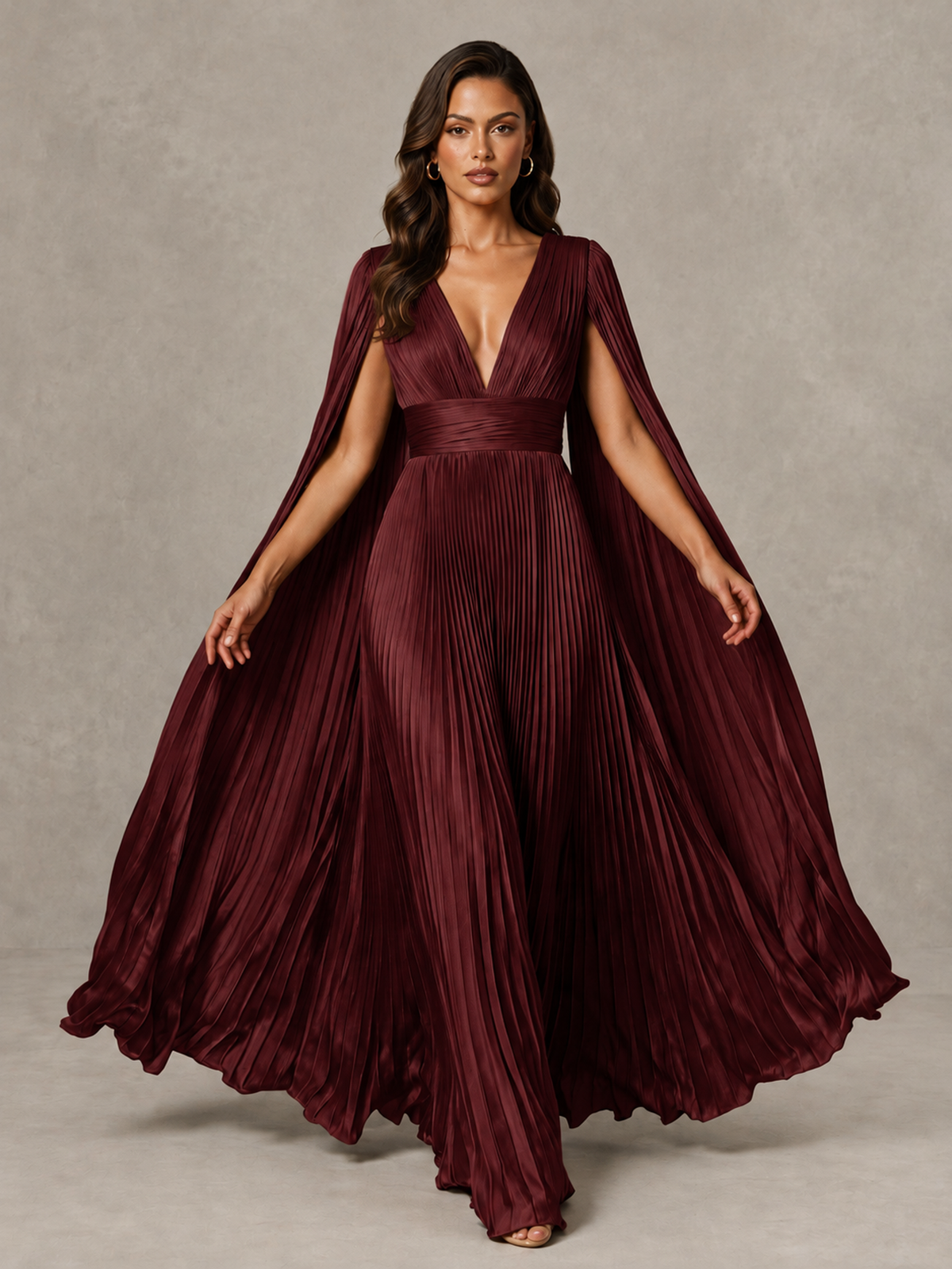 BOLODOO Maroon Deep V-Neck Pleated Cape Sleeve Evening Gown - Maroon - Maroon_3