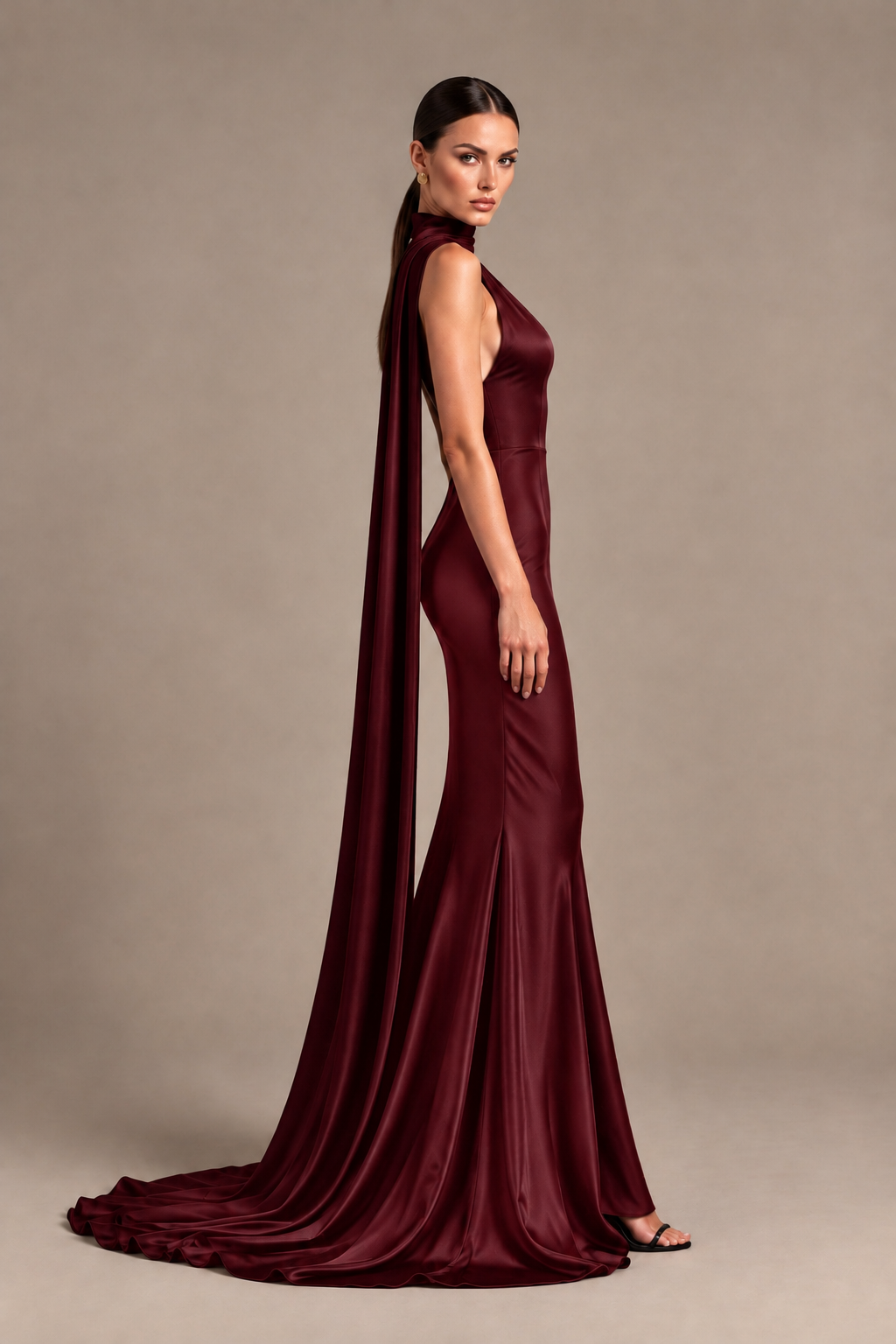 BOLODOO Maroon One-Shoulder Satin Mermaid Evening Dress with Scarf - Maroon - Maroon_3
