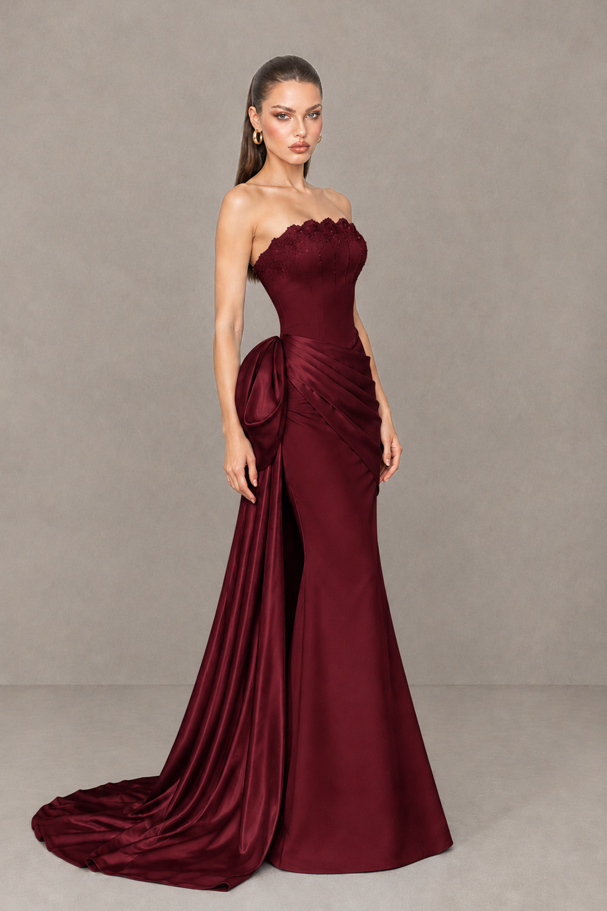 BOLODOO Maroon Strapless Satin Prom Dress with Draped Side Train - Maroon - Maroon_3