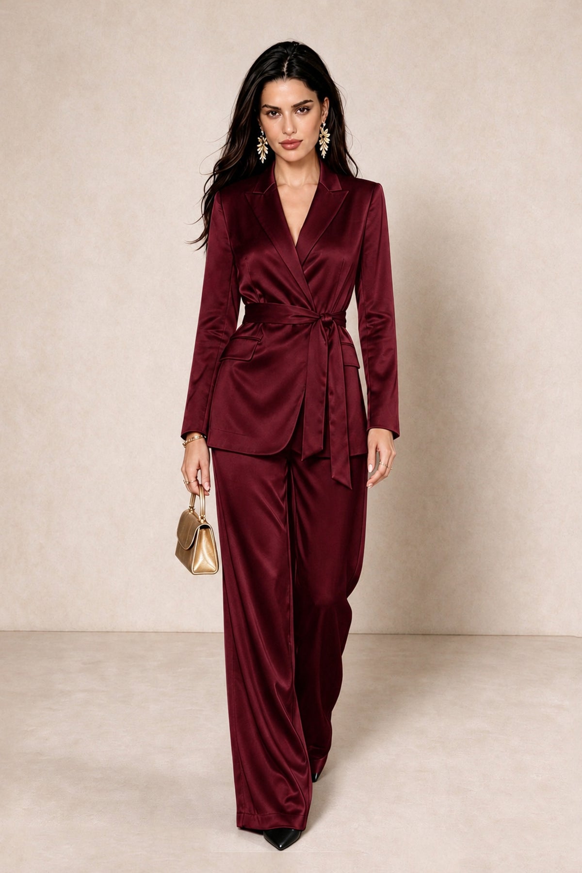 BOLODOO Maroon Satin Wrap Blazer Wide-Leg Pants Two-Piece Suit Set – Evening Gala Wedding Guest - Maroon - Maroon_3