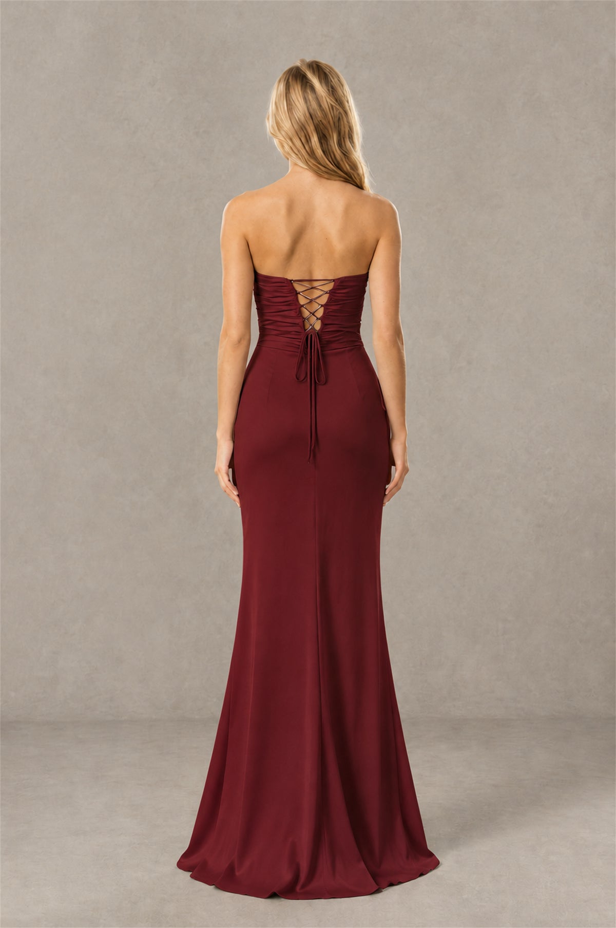 BOLODOO Maroon Sweetheart Strapless Twist Knot Cutout Lace-Up Back Satin Mermaid Maxi Dress - Maroon - Maroon(4)