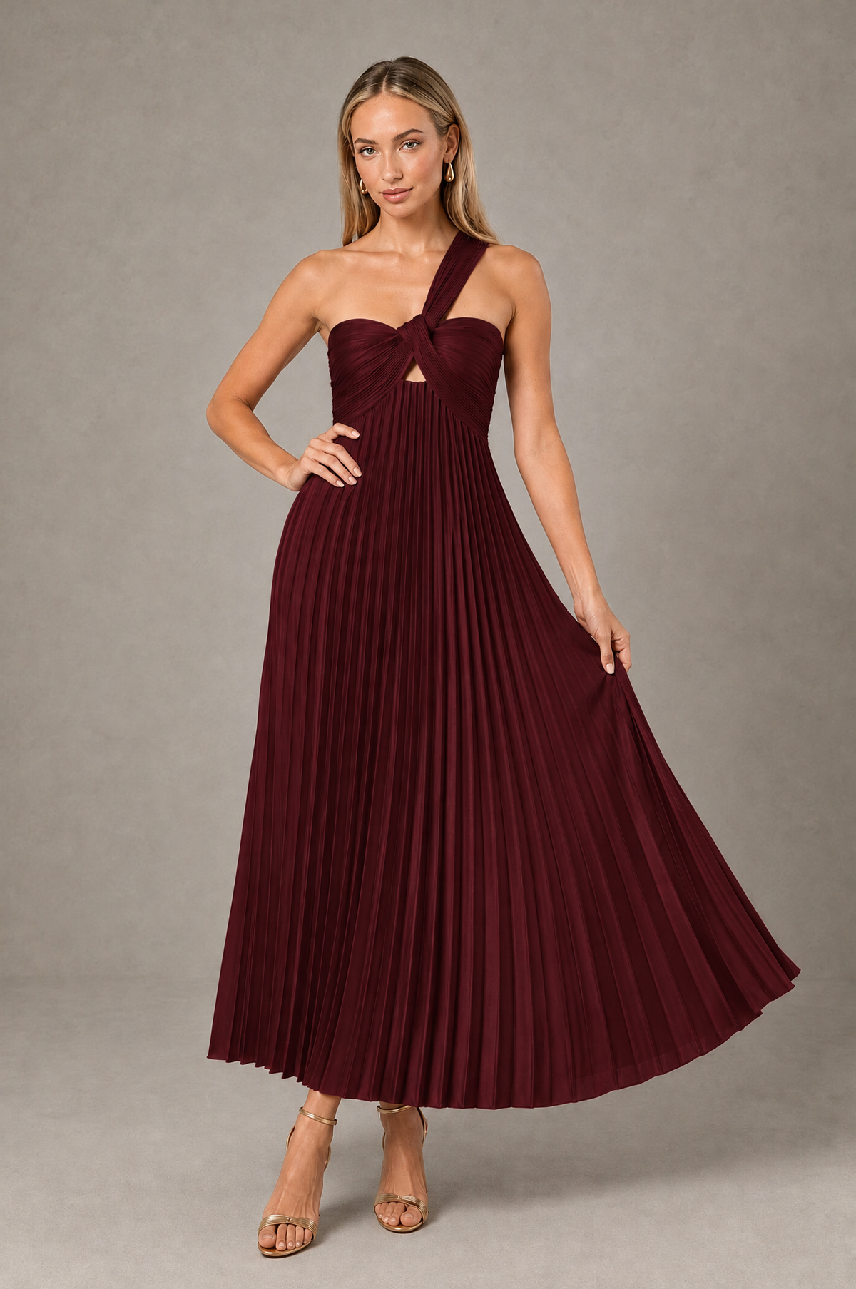 BOLODOO Maroon One-Shoulder Twist Knot Pleated Satin Midi Dress with Cutout - Maroon - Maroon_4