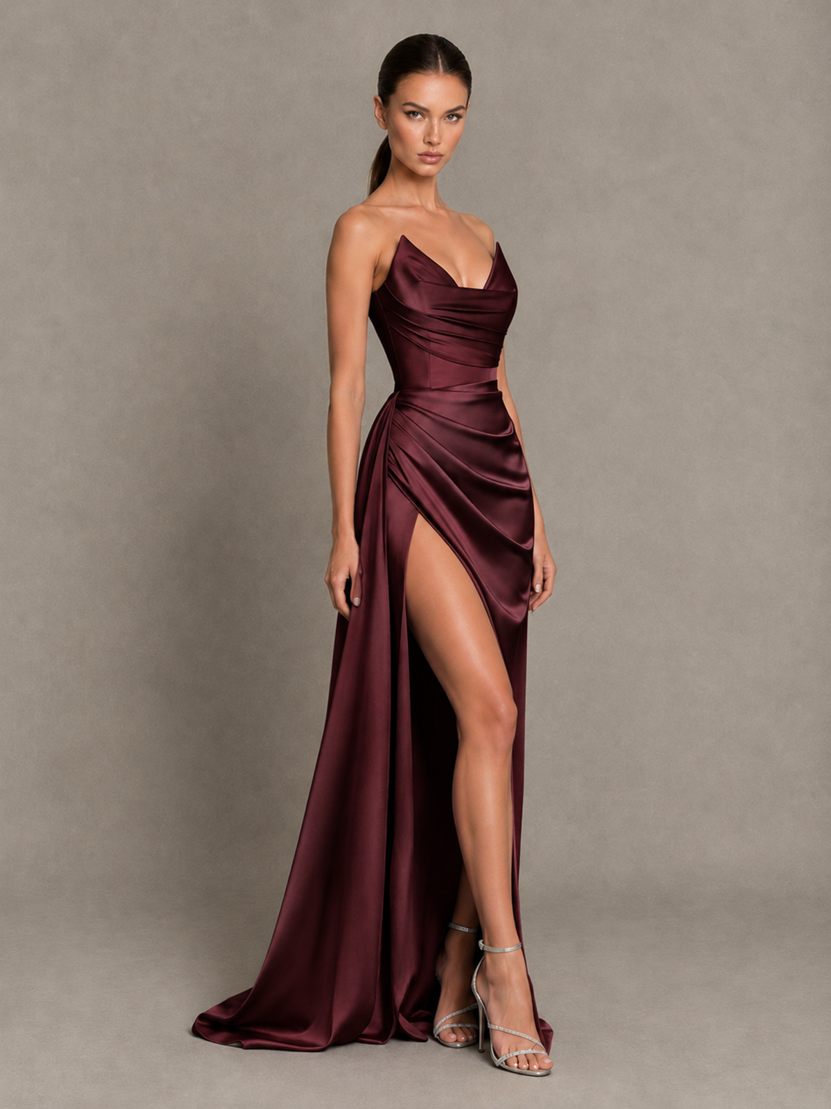 BOLODOO Maroon Strapless Satin High-Slit Lace-Up Prom Dress - Maroon - Maroon_4