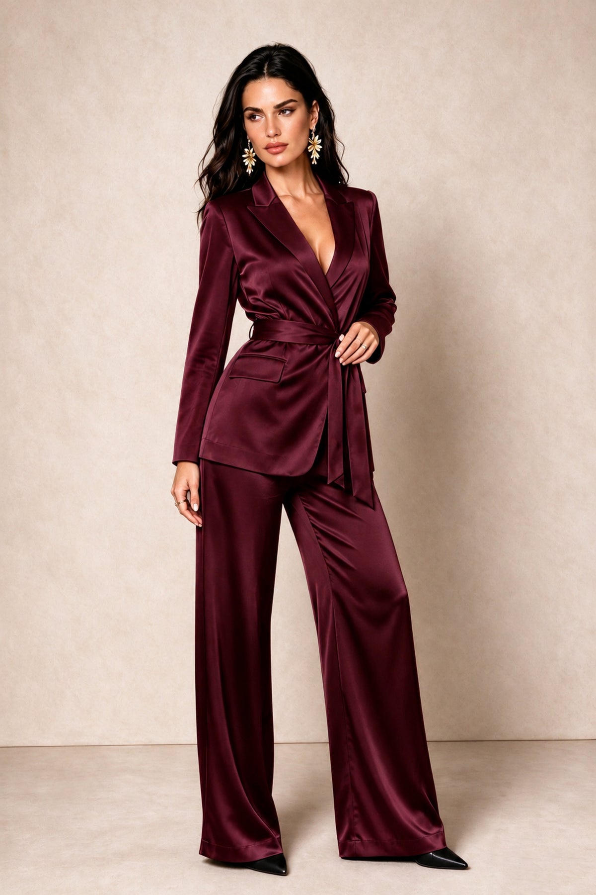 BOLODOO Maroon Satin Wrap Blazer Wide-Leg Pants Two-Piece Suit Set – Evening Gala Wedding Guest - Maroon - Maroon_4
