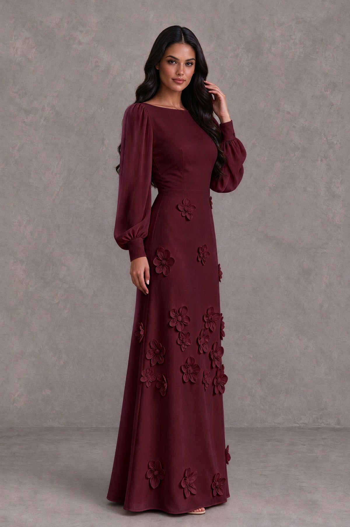 BOLODOO Maroon Long Sleeve Floral Applique A-Line Evening Dress - Maroon - Maroon_4