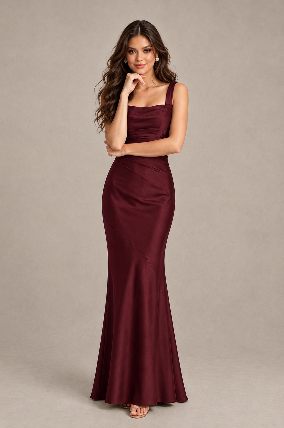 BOLODOO Maroon Square Neck Ruched Satin Lace-Up Bridesmaid Dress - Maroon - Maroon_4