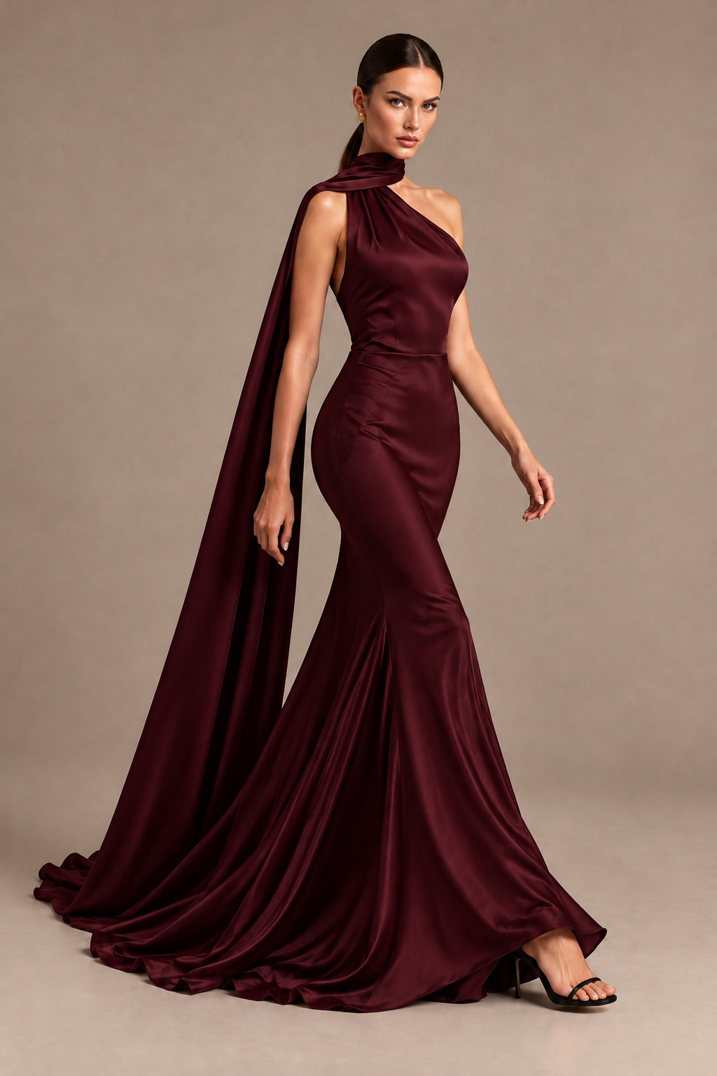 BOLODOO Maroon One-Shoulder Satin Mermaid Evening Dress with Scarf - Maroon - Maroon_4