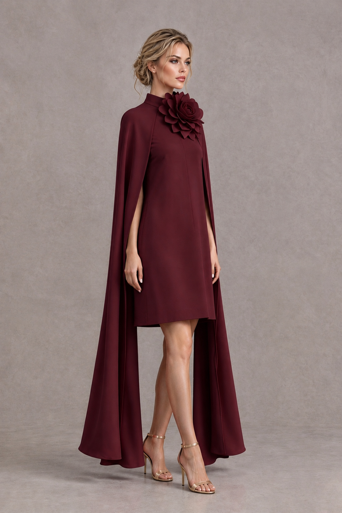 BOLODOO Maroon High Neck Floral Cape Mini Cocktail Dress - Maroon - Maroon_4