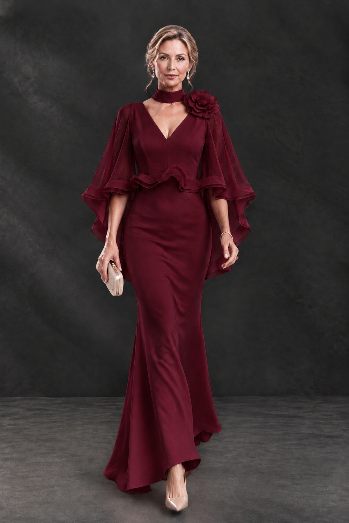 BOLODOO Maroon Floral Cape Sleeve Mother of the Bride Dress - Maroon - Maroon_4