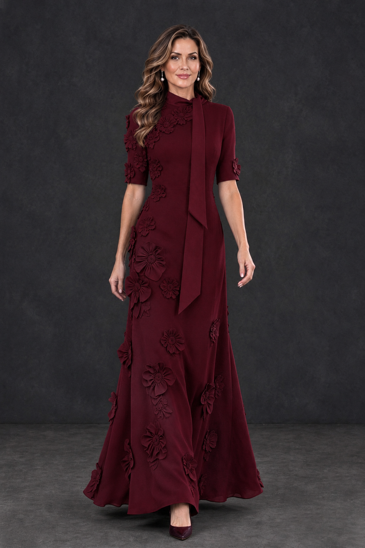 BOLODOO Maroon Floral Applique High-Neck Half-Sleeve Gown - Maroon - Maroon_4