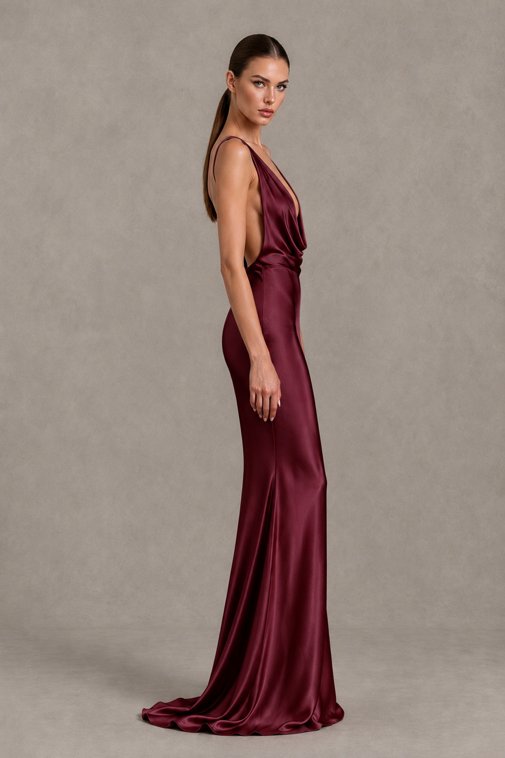 BOLODOO Maroon Cowl Neck Backless Satin Mermaid Evening Dress - Maroon - Maroon_4