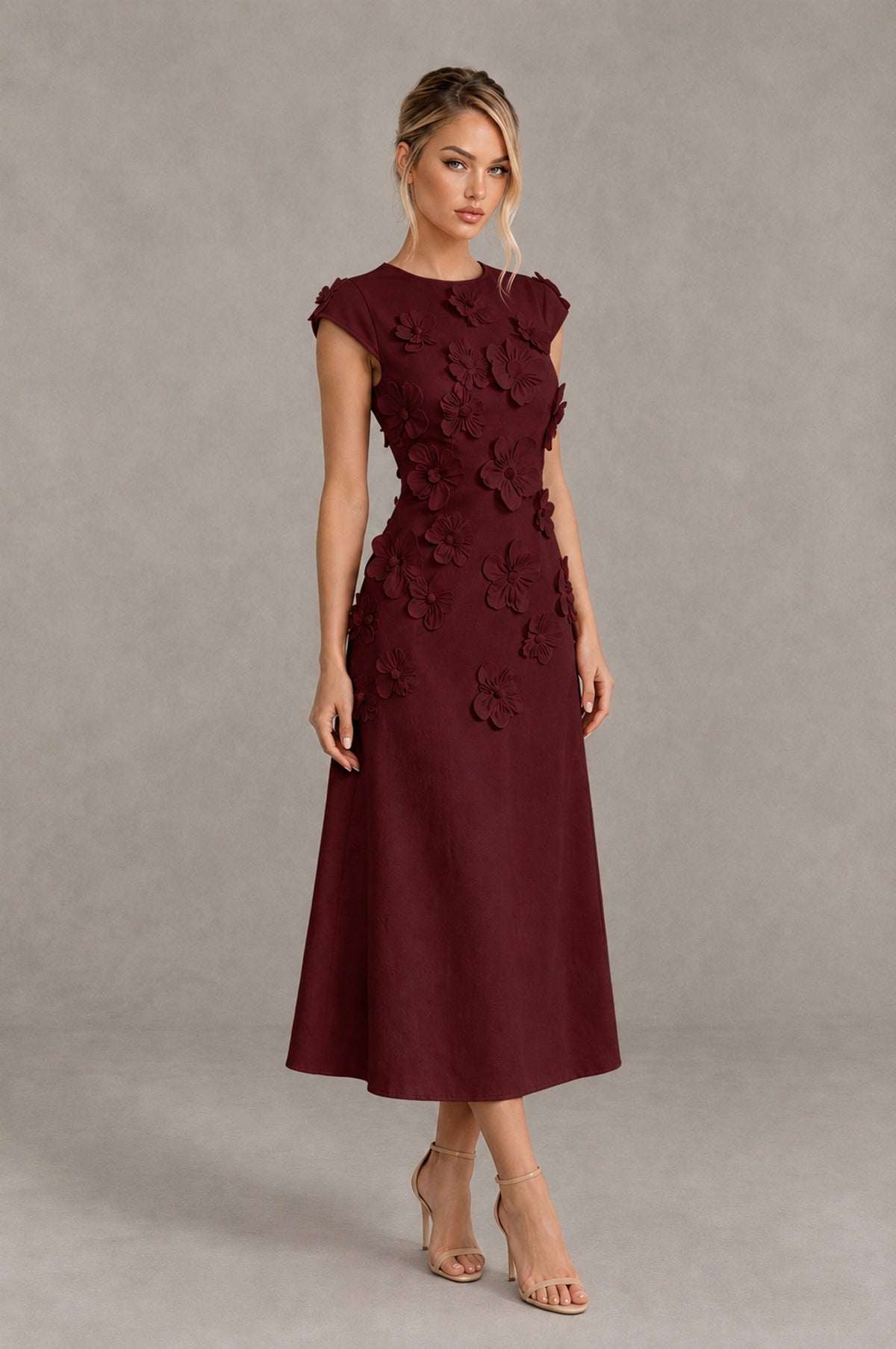 BOLODOO Maroon 3D Floral Cap Sleeve Midi Cocktail Dress - Maroon - Maroon_4