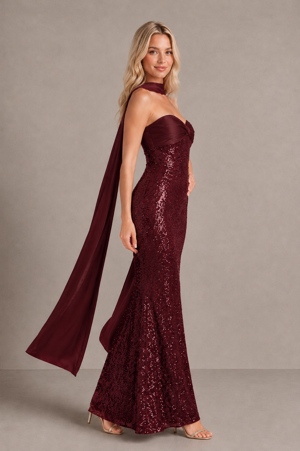 BOLODOO Maroon Strapless Sweetheart Evening Dress with Scarf - Maroon - Maroon_4