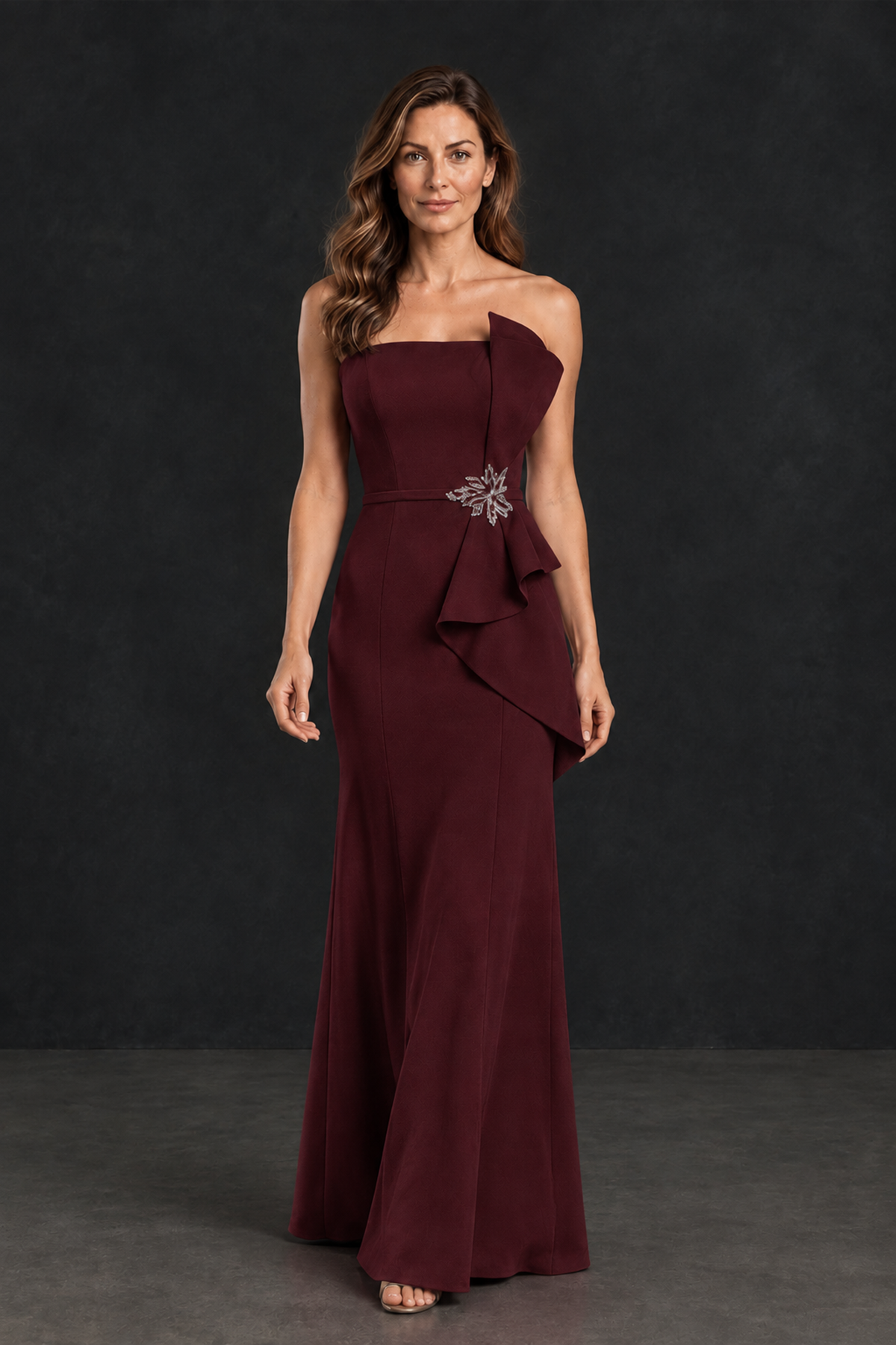 BOLODOO Maroon Strapless Mother of the Bride Dress with Ruffle Detail - Maroon - Maroon_4