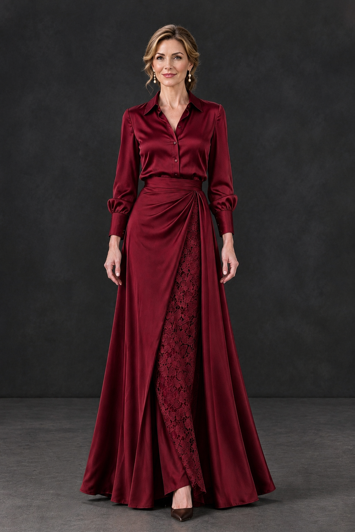 BOLODOO Maroon Long Sleeve Satin-Look Lace Panel Gown - Maroon - Maroon_4