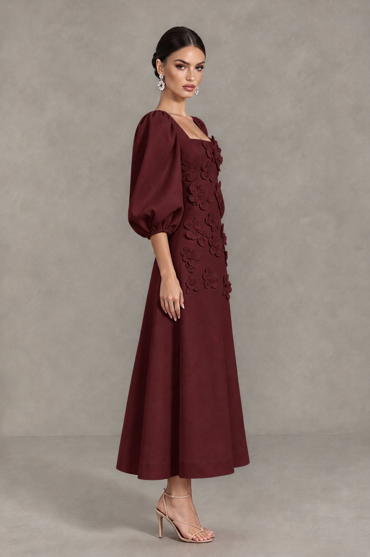 BOLODOO Maroon 3D Floral Puff Sleeve Midi Cocktail Dress - Maroon - Maroon_4
