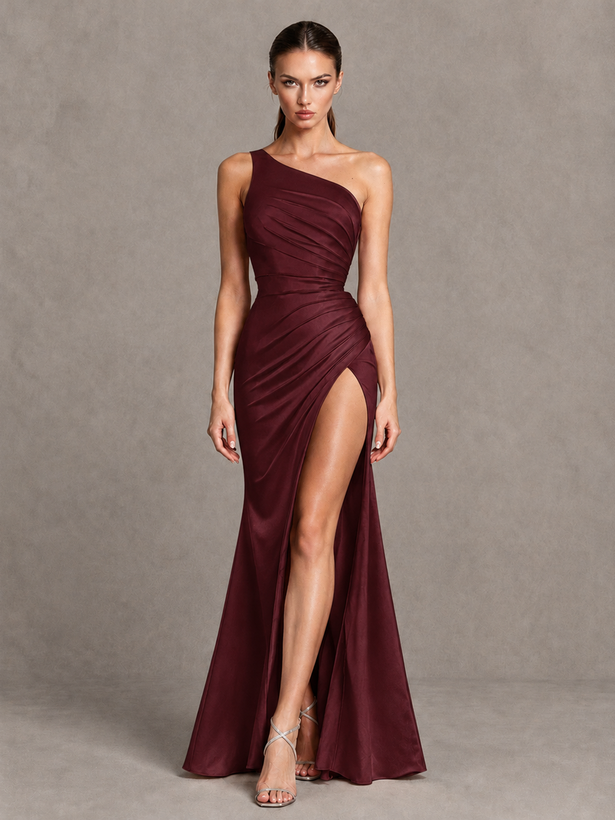 BOLODOO Maroon One-Shoulder Ruched Satin-Look Evening Gown with High Slit - Maroon - Maroon_4