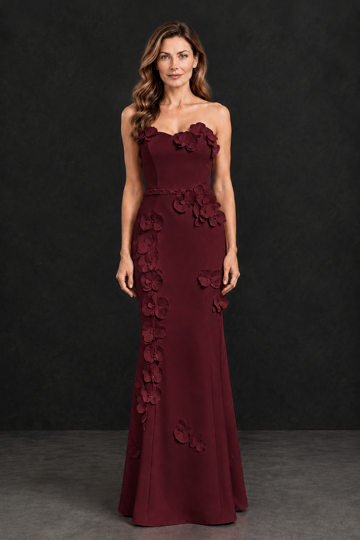 BOLODOO Maroon Strapless Mother of the Bride Dress with 3D Floral Appliques - Maroon - Maroon_4