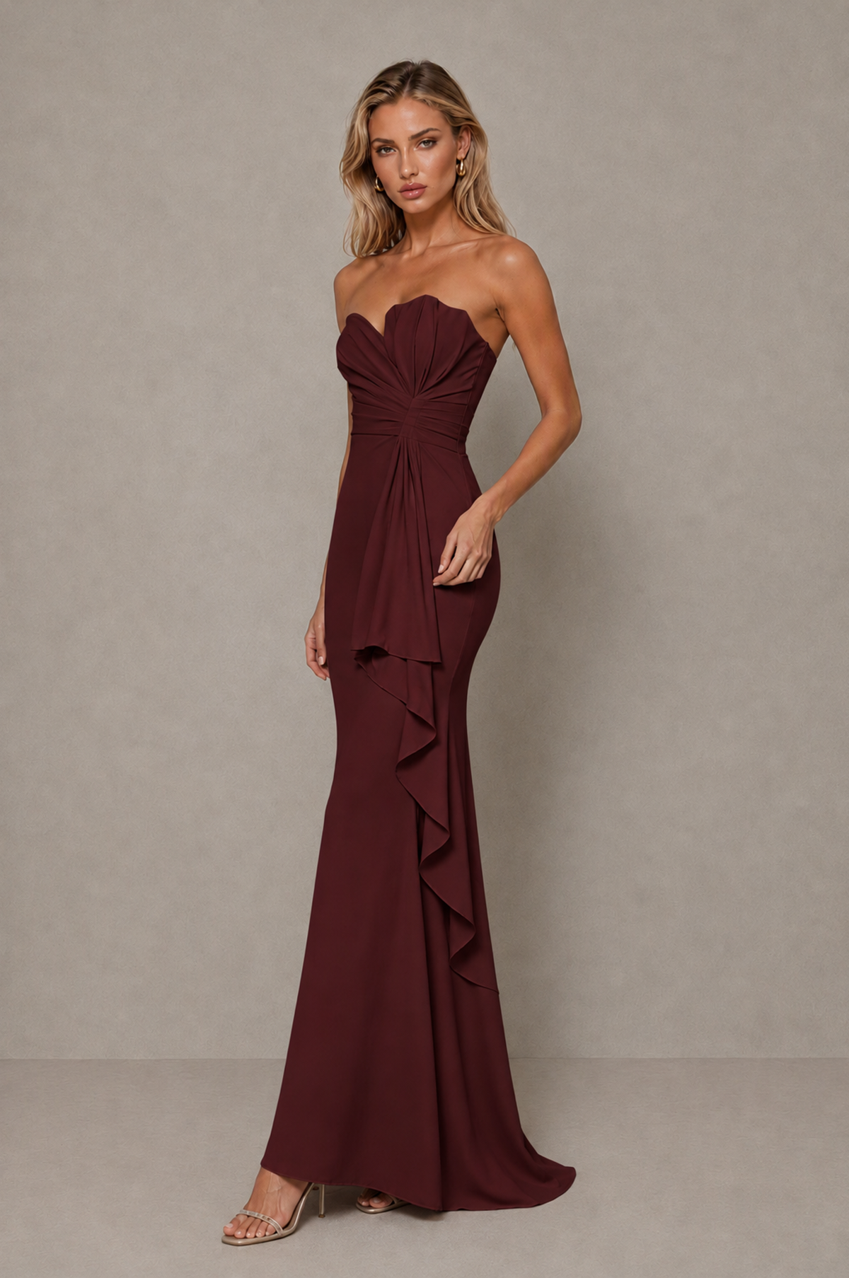 BOLODOO Maroon Strapless Sweetheart Ruched Mermaid Gown | Cascade Drape Formal Evening Dress - Maroon - Maroon_4