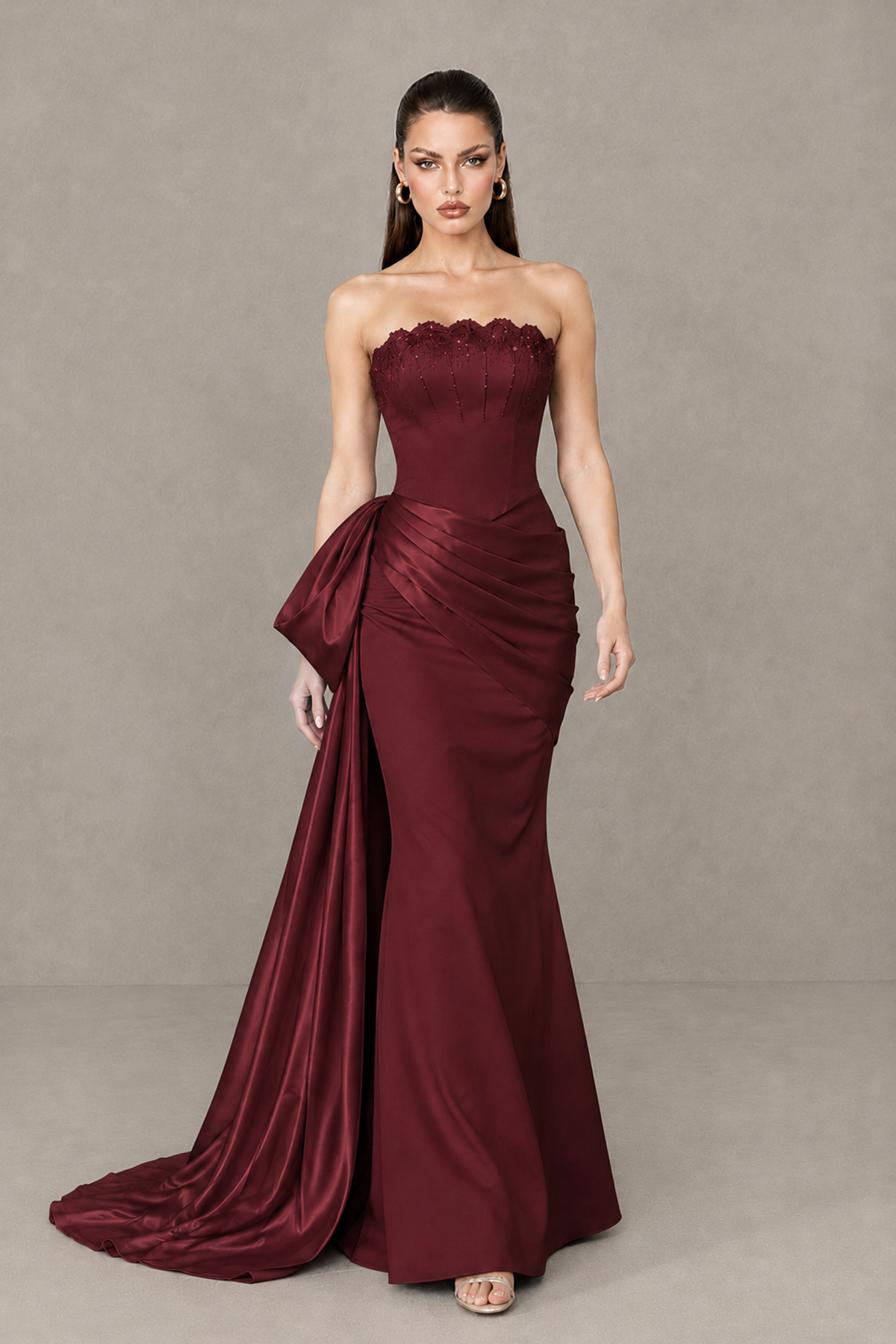 BOLODOO Maroon Strapless Satin Prom Dress with Draped Side Train - Maroon - Maroon_4