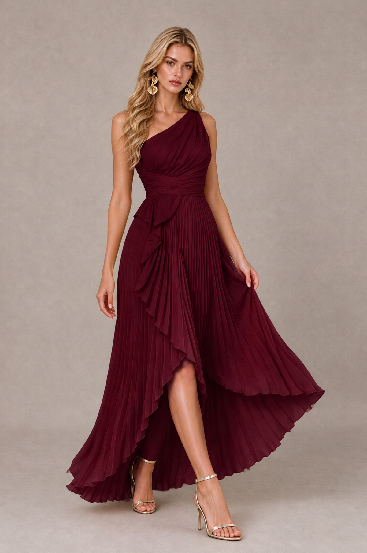 BOLODOO Maroon One-Shoulder High-Low Ruffle Maxi Dress - Maroon - Maroon_4
