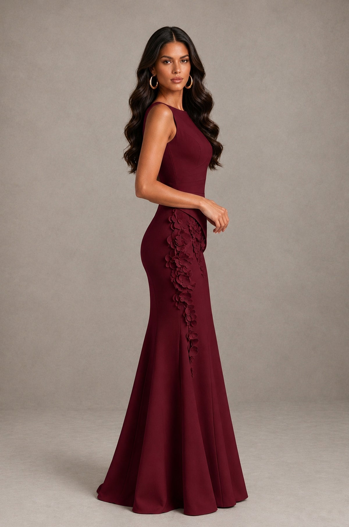 BOLODOO Maroon Bateau Neck Sleeveless Asymmetric Peplum 3D Petal Appliqué Mermaid Gown BD0421 - Maroon - Maroon_4