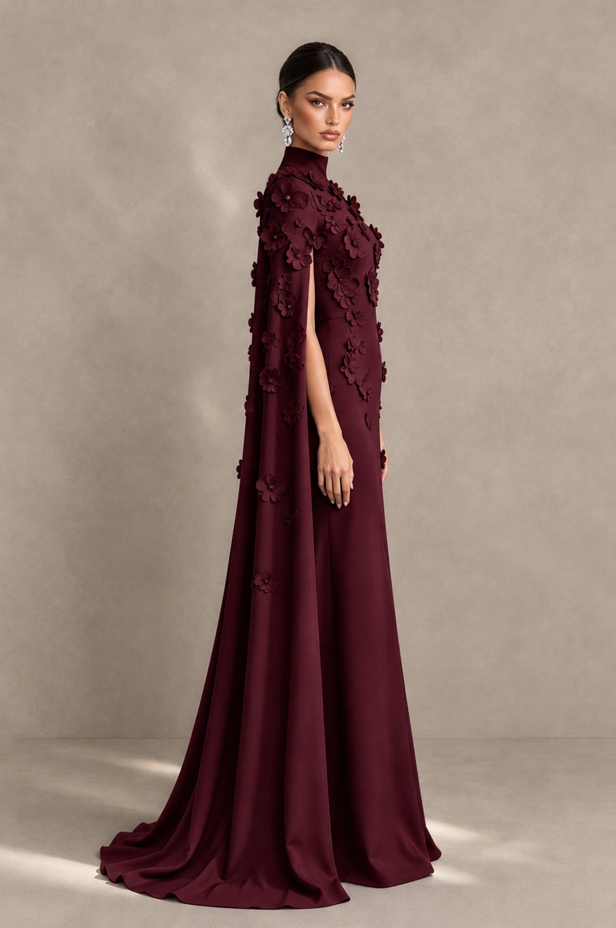 BOLODOO Maroon 3D Floral Applique Cape Formal Dress - Maroon - Maroon_4