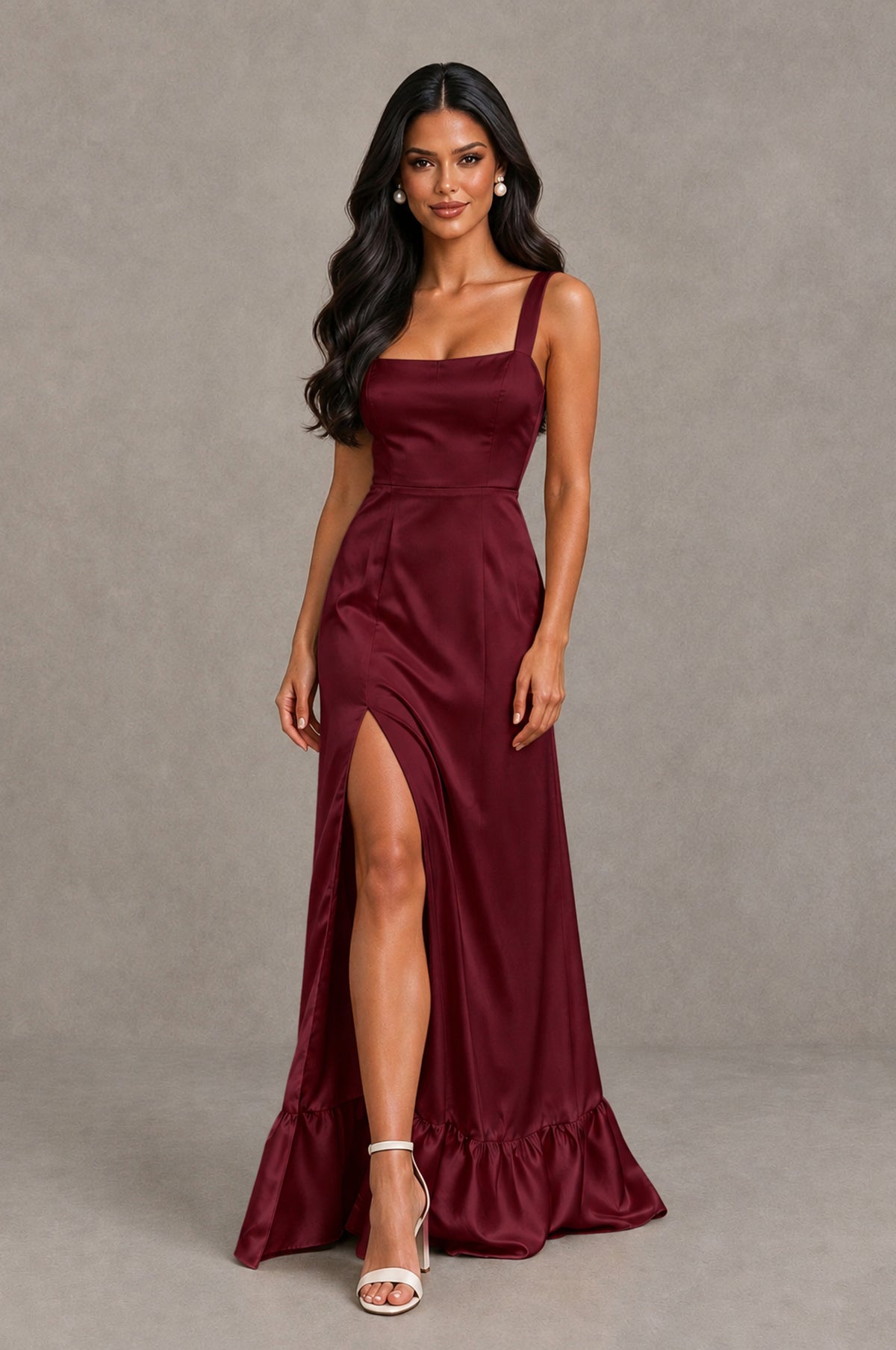 BOLODOO Maroon Square Neck Satin Evening Dress with Lace-Up Back and High Slit - Maroon - Maroon_4