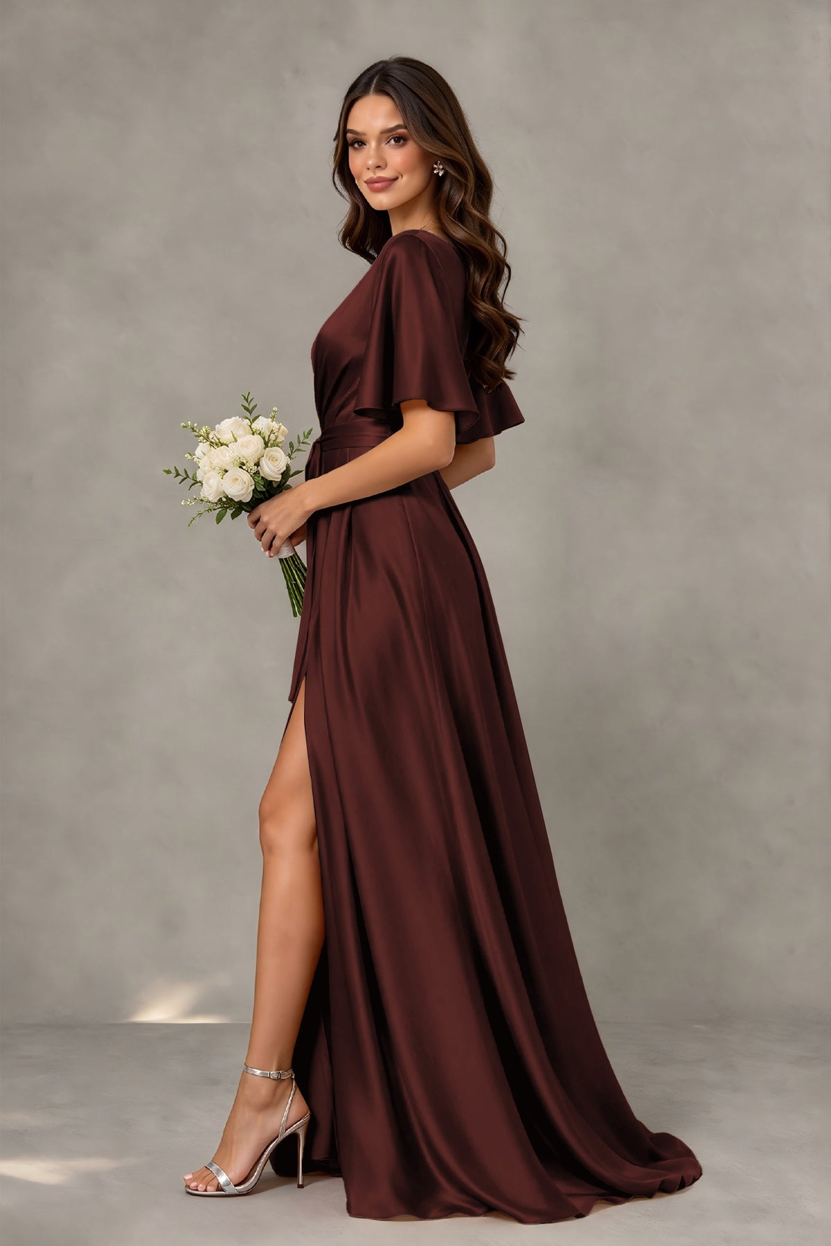 BOLODOO Maroon Satin V-Neck Flutter Sleeve Bridesmaid Dress with Slit - Maroon - Maroon(4)