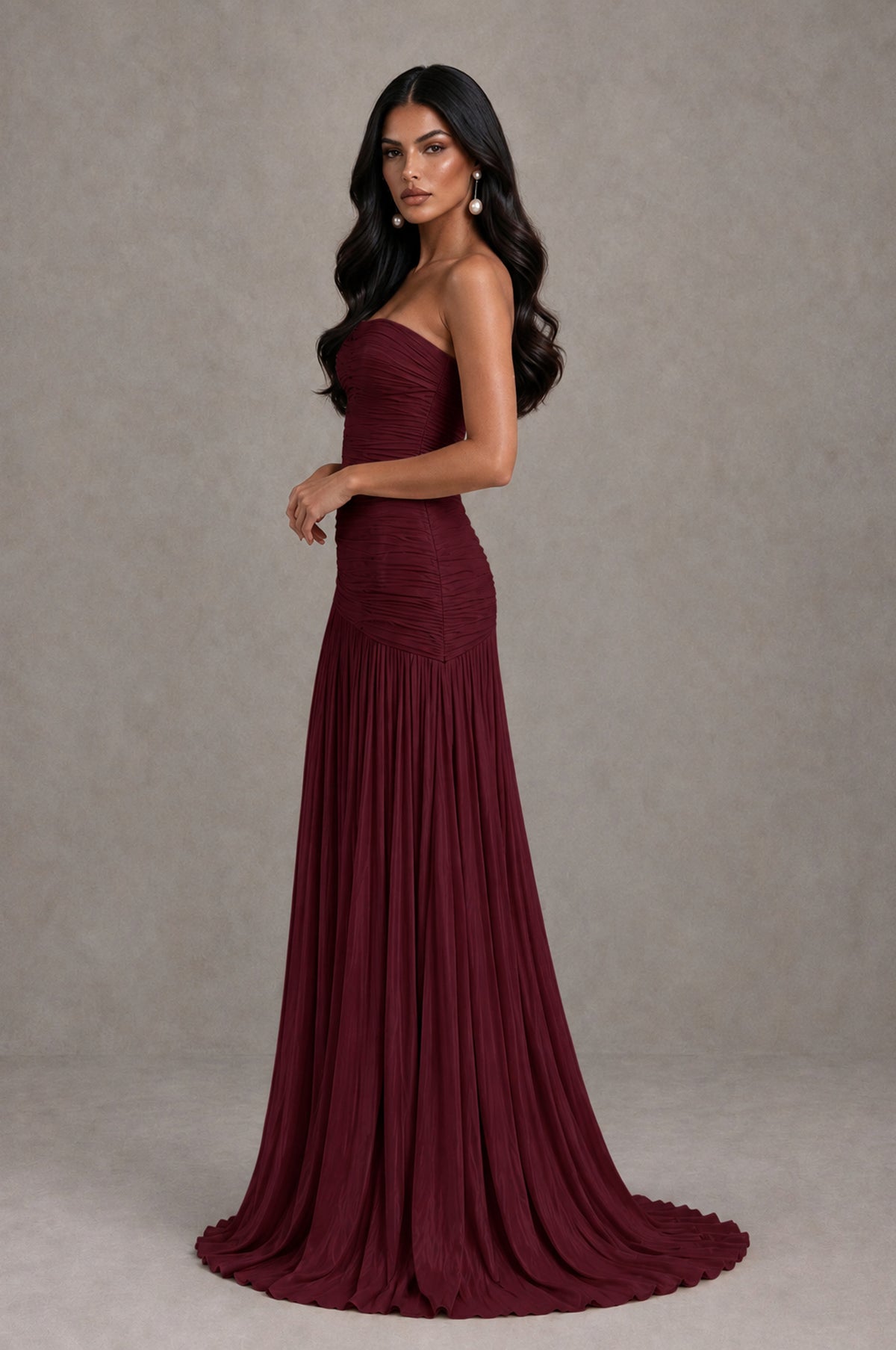 BOLODOO Maroon Metallic Ruched Strapless Pleated A-Line Backless Maxi Dress with Train - Maroon - Maroon_4