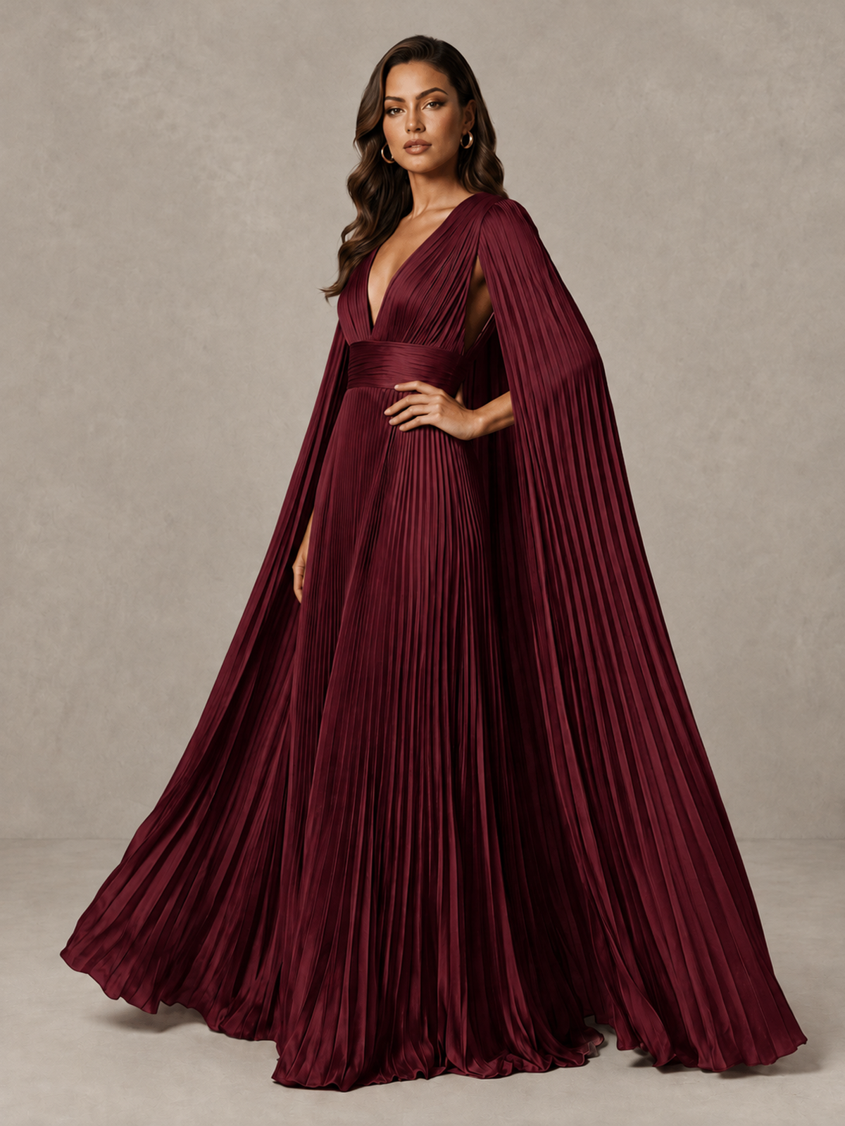BOLODOO Maroon Deep V-Neck Pleated Cape Sleeve Evening Gown - Maroon - Maroon_4