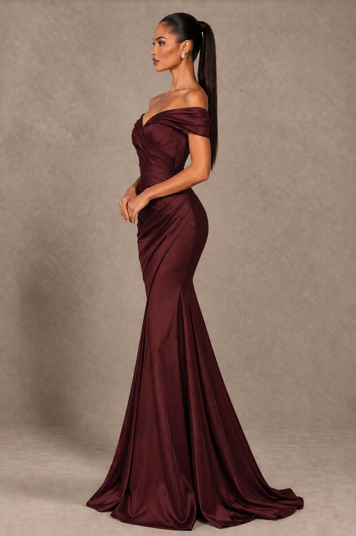 BOLODOO Maroon Off-the-Shoulder Ruched Satin Mermaid Evening Dress - Maroon - Maroon_4