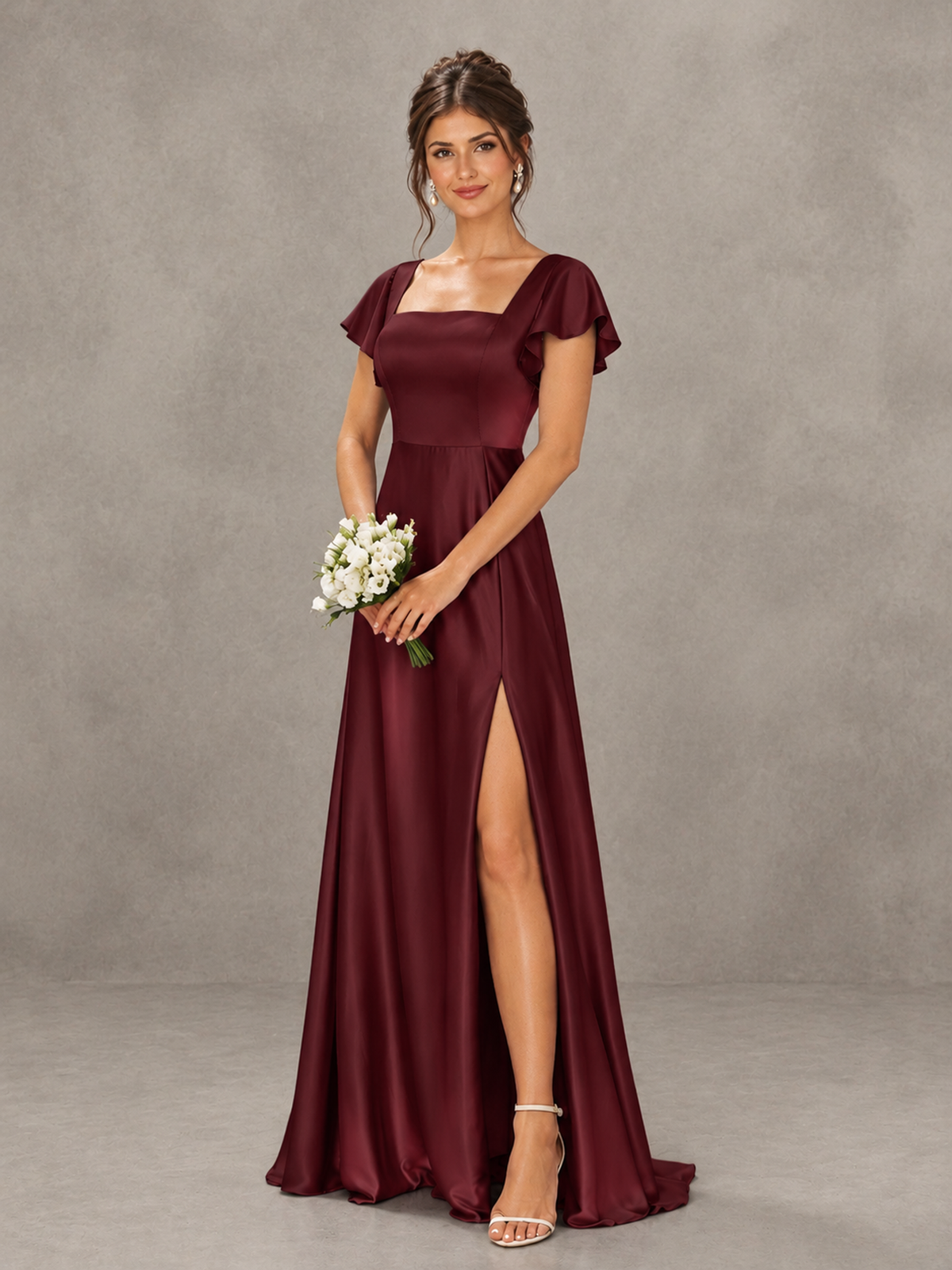 BOLODOO Maroon Satin Square Neck Flutter Sleeve A-Line Bridesmaid Dress with Slit - Maroon - Maroon_4
