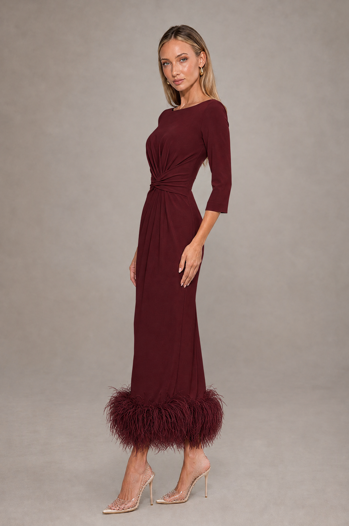 BOLODOO Maroon Feather-Trim Twist-Waist Midi Dress - Maroon - Maroon_4