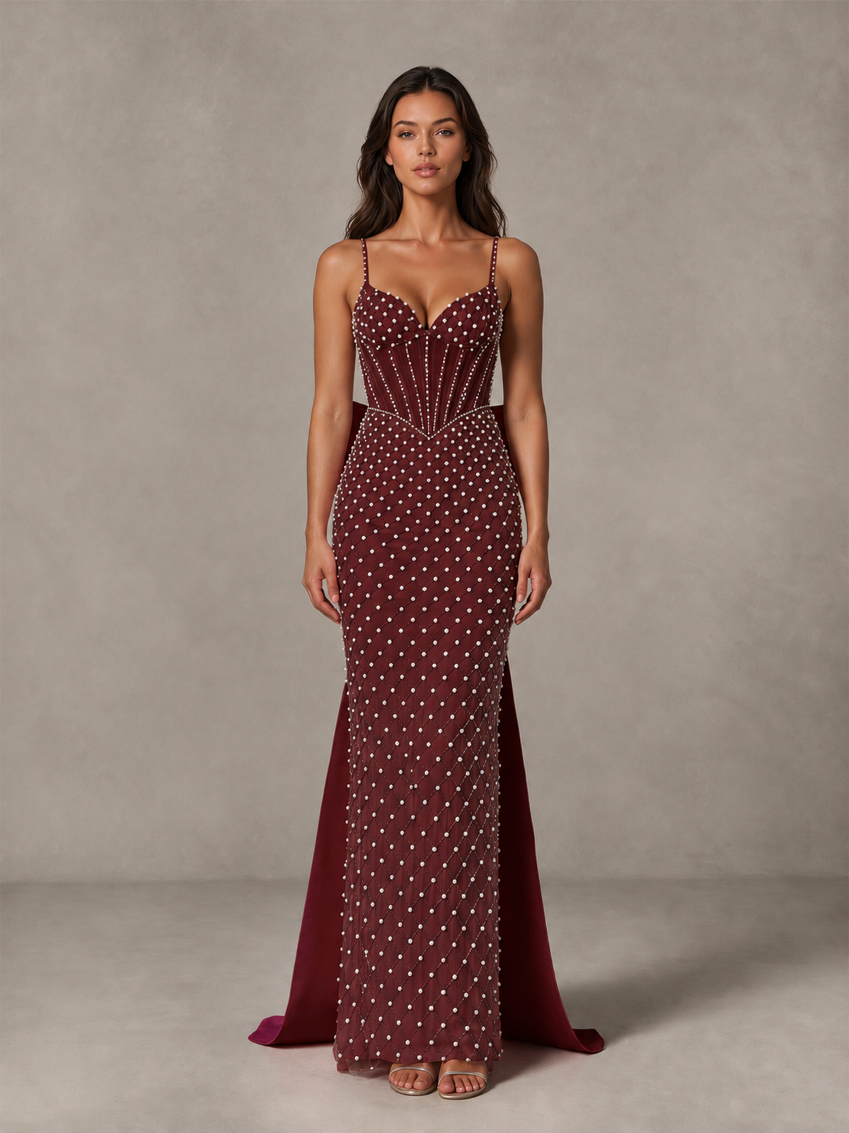 BOLODOO Maroon Beaded Corset Prom Dress with Bow Train - Maroon - Maroon_4