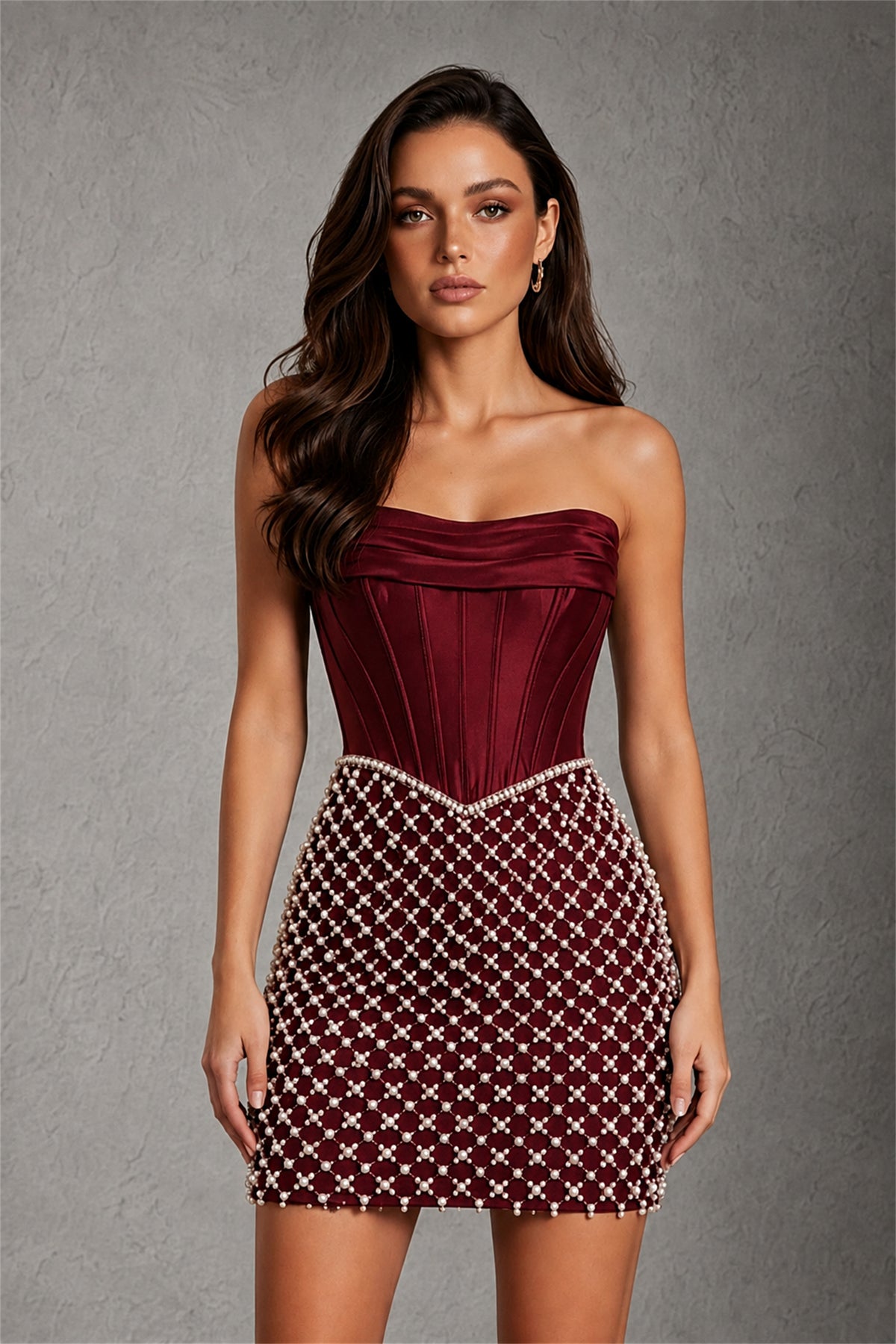 BOLODOO Maroon Strapless Boned Corset Mini Dress Maroon Geometric Beaded Skirt Lace-Up Back BD0355 - Maroon