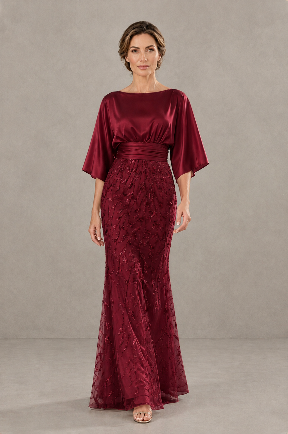 BOLODOO Maroon Mother of the Bride Dress with Kimono Sleeves, Satin Bodice & Sequin Embroidered Mermaid Floor-Length Gown - Maroon - Maroon (1)