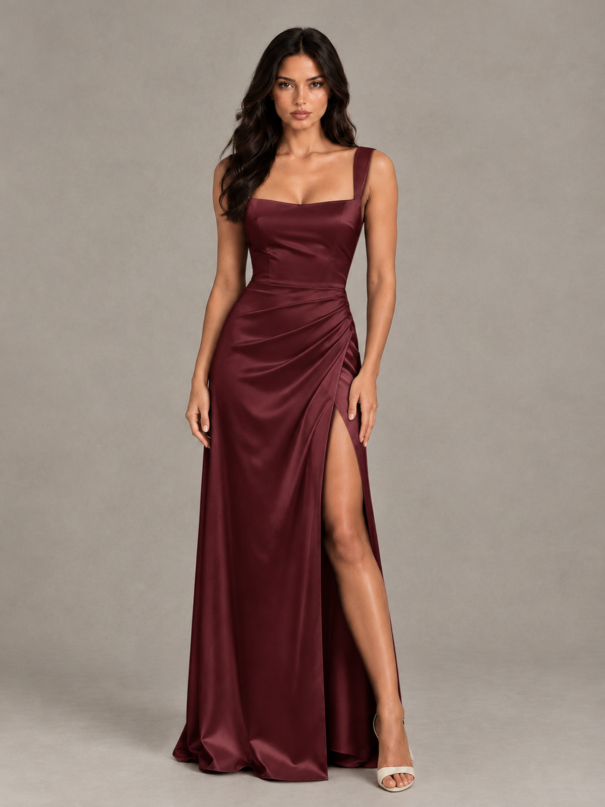 BOLODOO Maroon Satin Lace-Up Bridesmaid Dress with Slit - Maroon - Maroon (1)