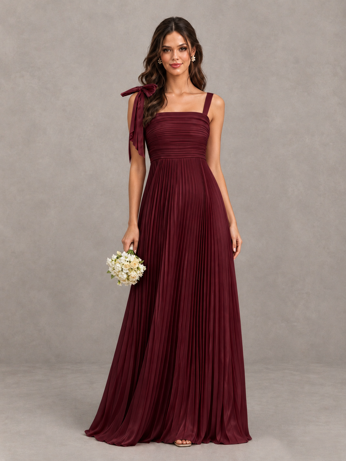 BOLODOO Maroon Pleated Bow-Strap Bridesmaid Maxi Dress - Maroon - Maroon (1)